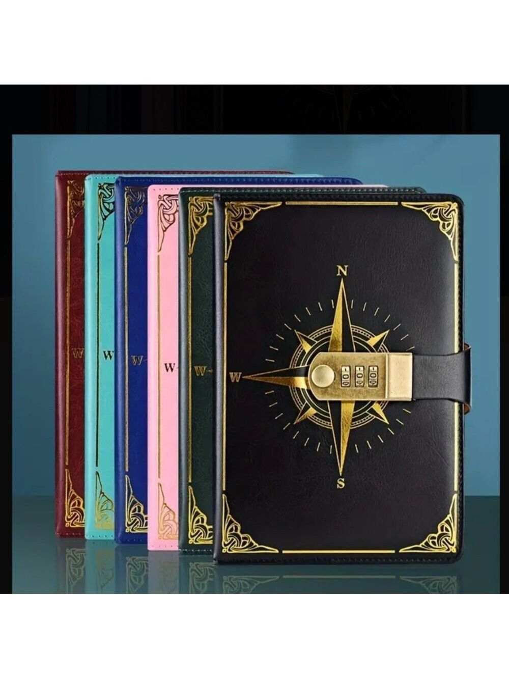 Compass Design Lock Journals in Multiple Colors Flexibound Leather PU Cover Gold
